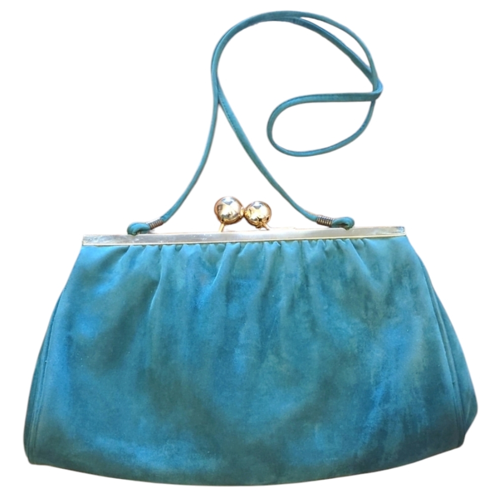 Nikolai Vintage Teal Snap Closure Cross Body Velvet Purse Bag